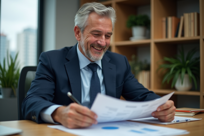 Homme d'affaires confiant en costume bleu dans un bureau moderne