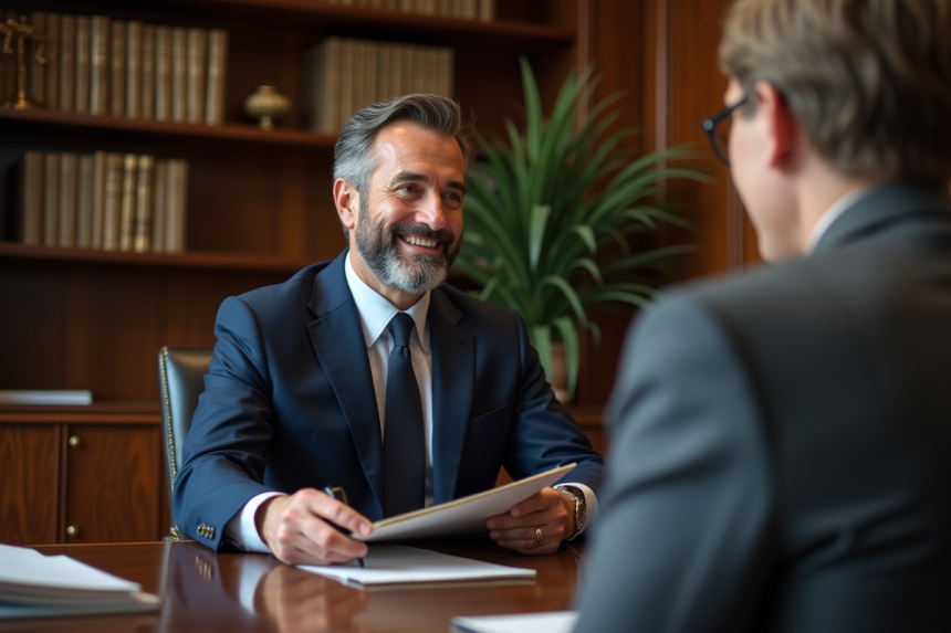 Homme d'affaires en costume navy souriant en réunion