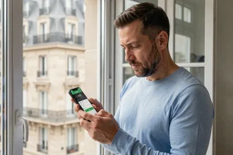 Homme consultant une application des heures de prière sur son smartphone à Reims