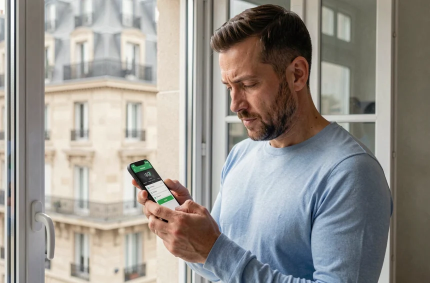 Homme consultant une application des heures de prière sur son smartphone à Reims