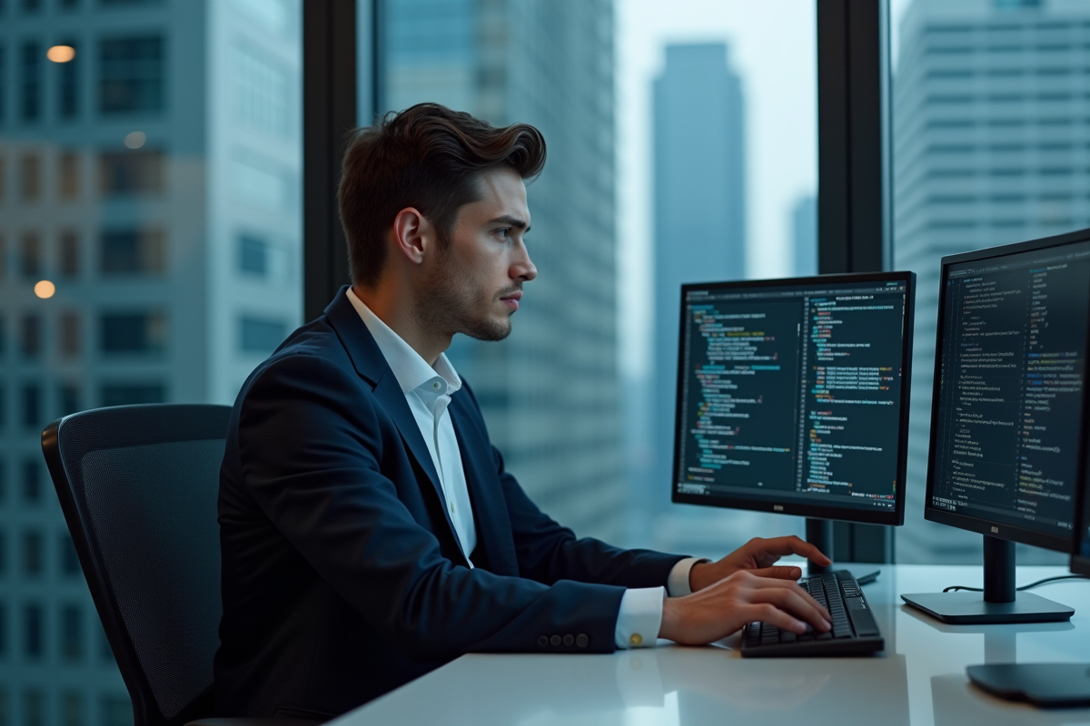 Jeune homme au bureau en environnement de cybersécurité