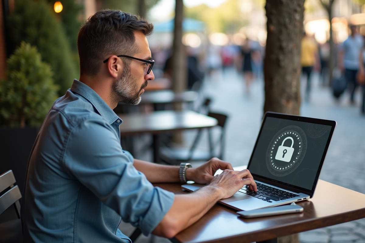 Homme au café regardant une notification de privacy sur son ordinateur