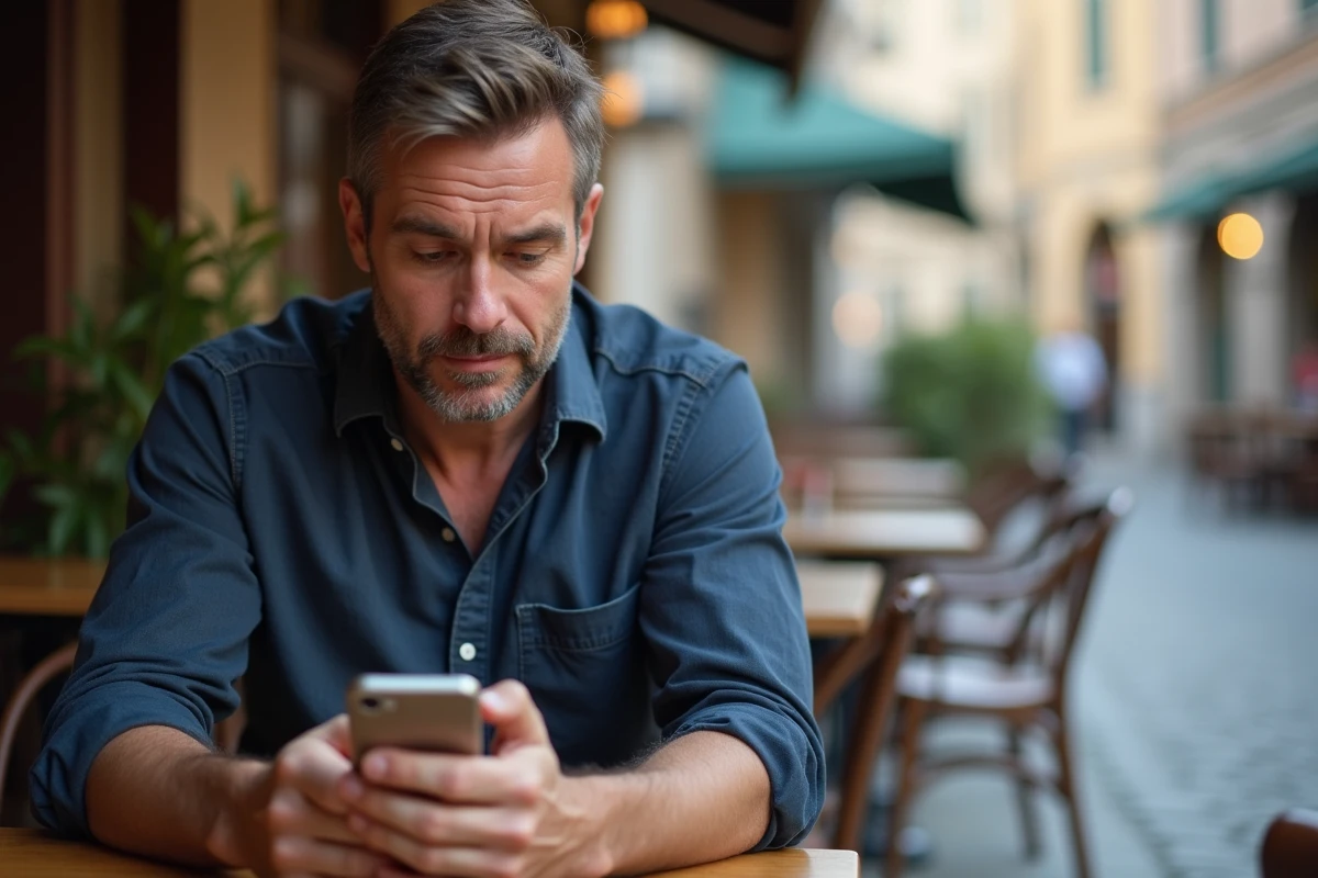 Homme assis en terrasse de café observant l'heure 11h22 sur son téléphone avec une expression de surprise intriguée