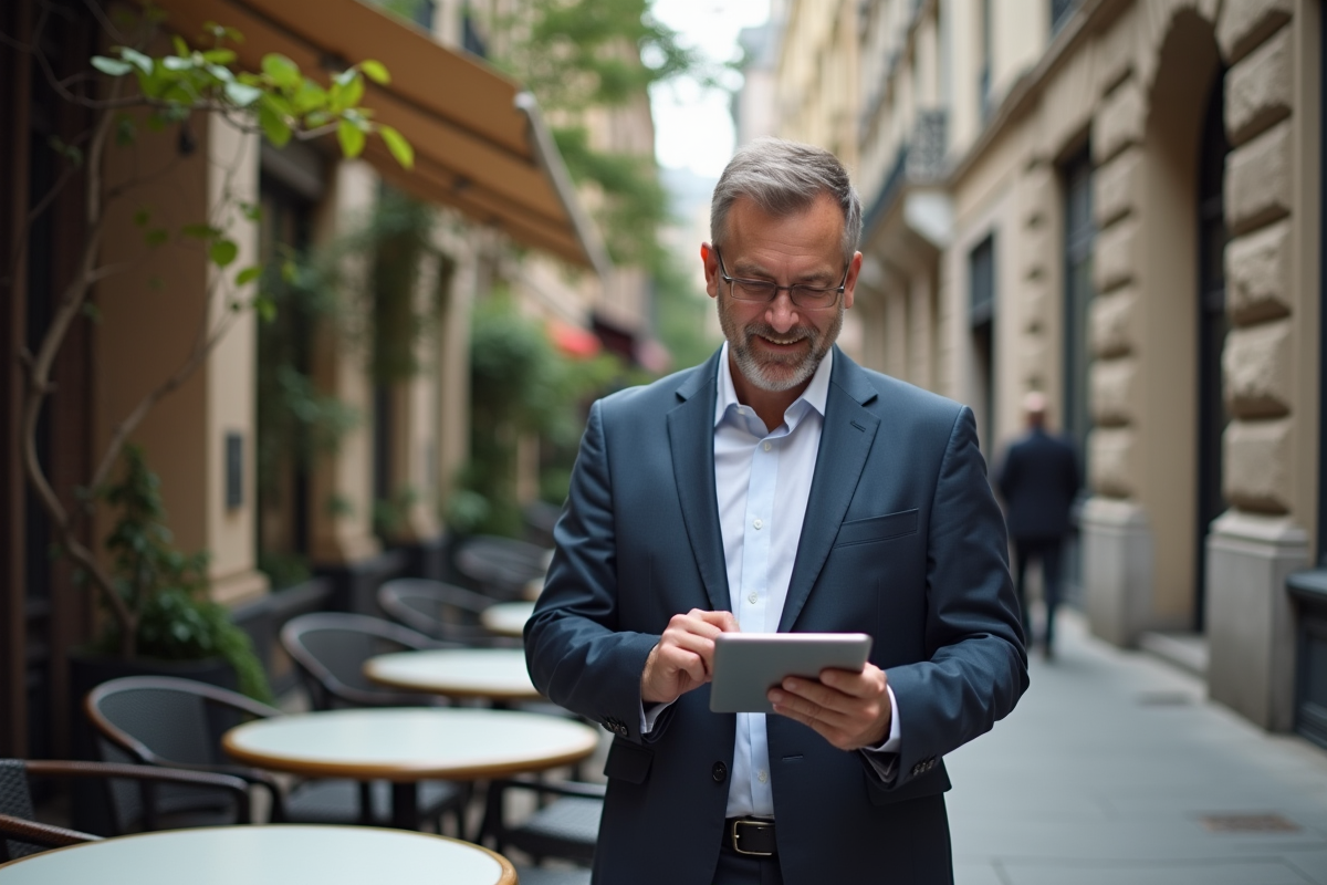 Homme d affaires consulte ses taux d intérêt en extérieur