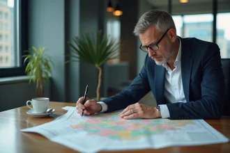 Homme d'affaires étudiant une carte de l'Allemagne dans un bureau moderne