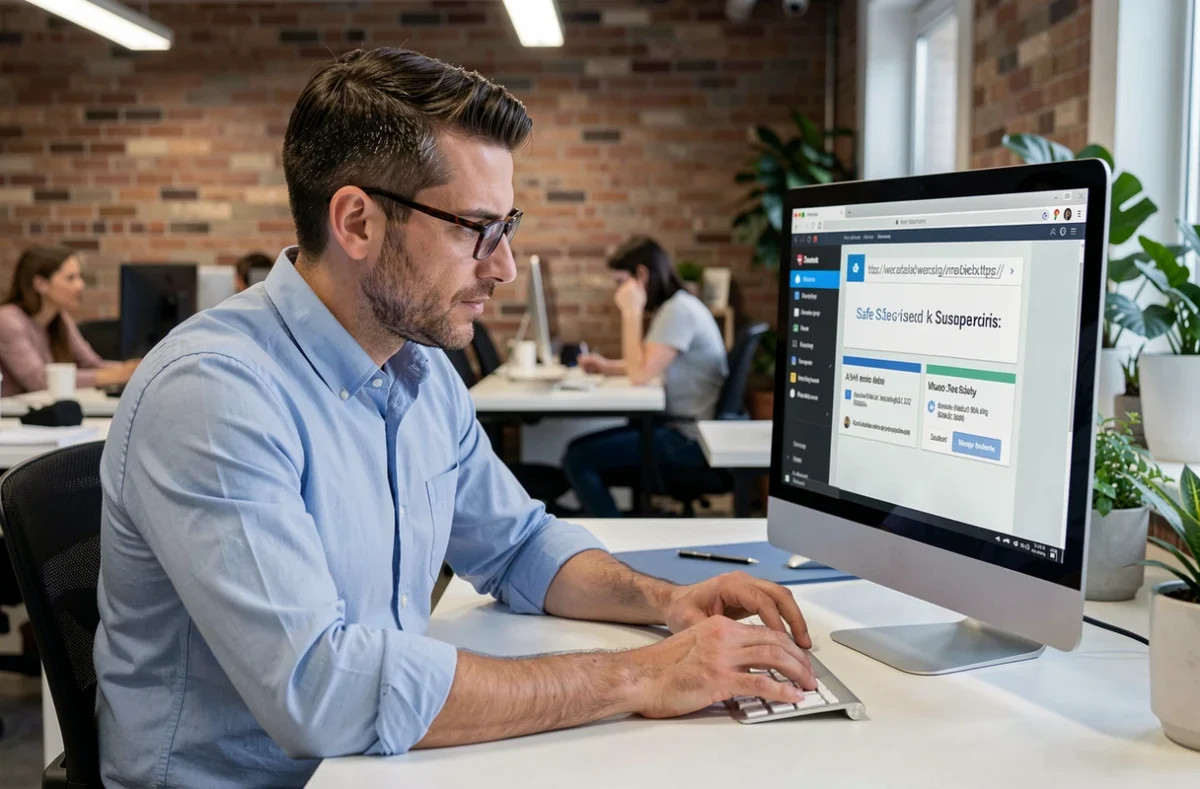 Homme en co-working analysant des URLs suspectes sur un navigateur pour identifier des sites de scan manga dangereux