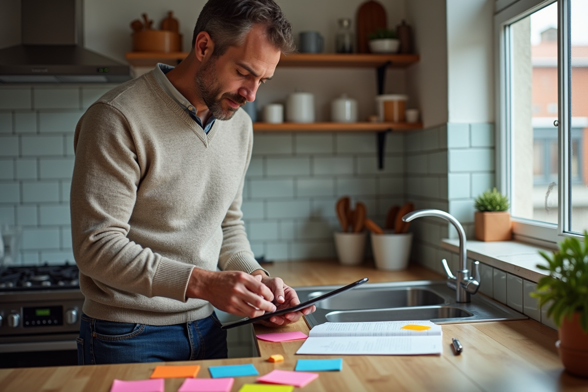 Homme vérifiant ses notes de objectifs dans la cuisine