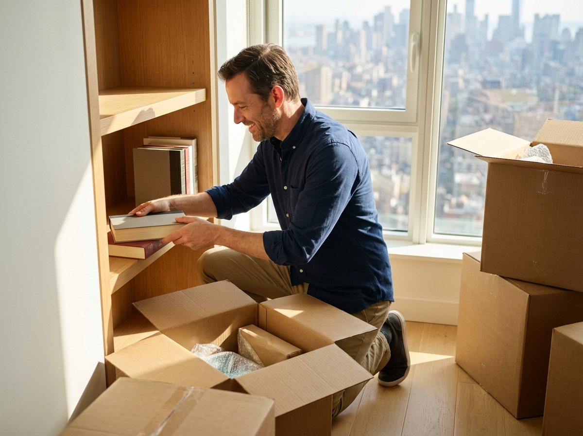 Homme déballant des cartons dans un appartement lumineux
