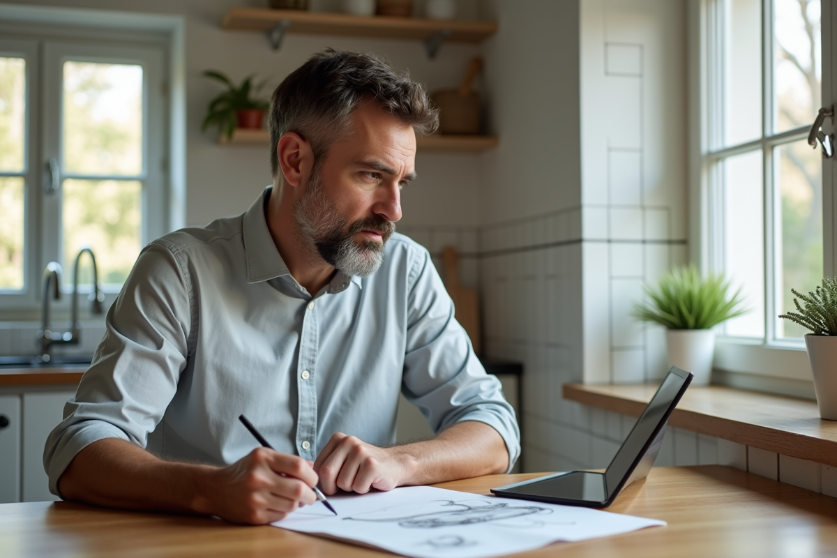 Homme en cuisine dessinant dans un carnet avec tablette