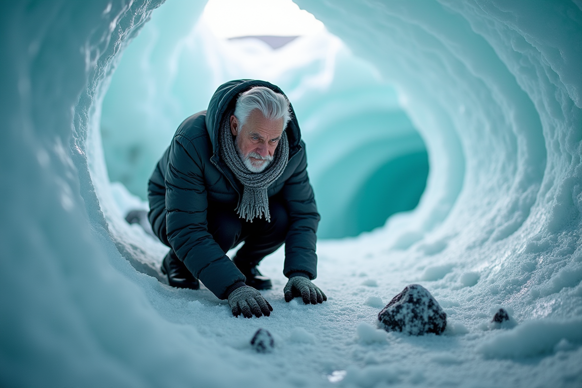 Homme âgé observant des motifs de glace dans la grotte