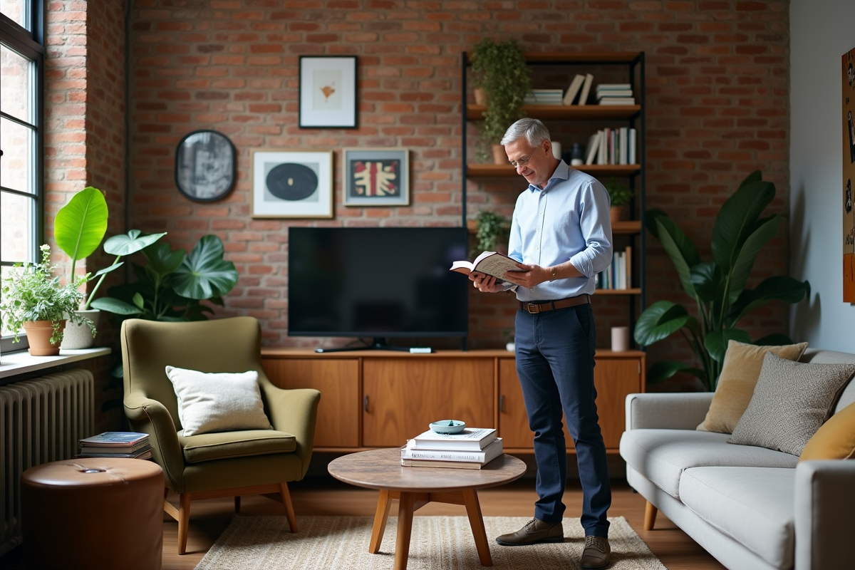 Homme d age moyen feuilletant des livres de design dans un salon éclectique