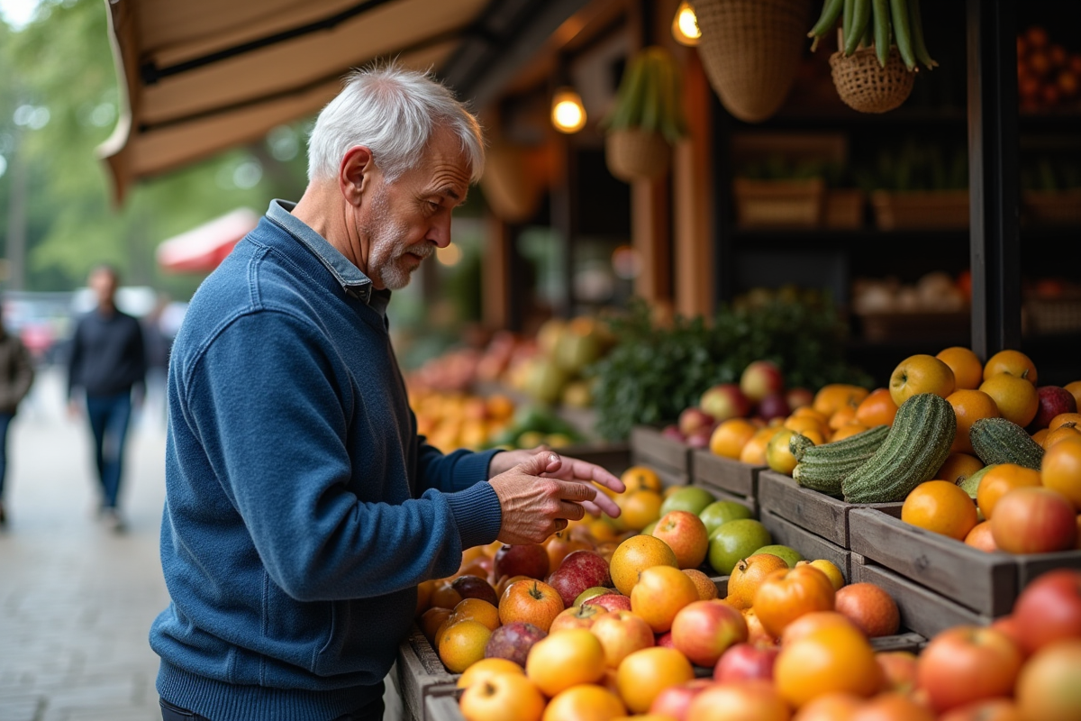 Homme sélectionnant pommes et papayes au marché
