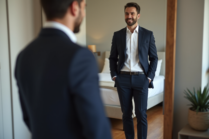 Homme bien habille regardant son reflet dans le miroir