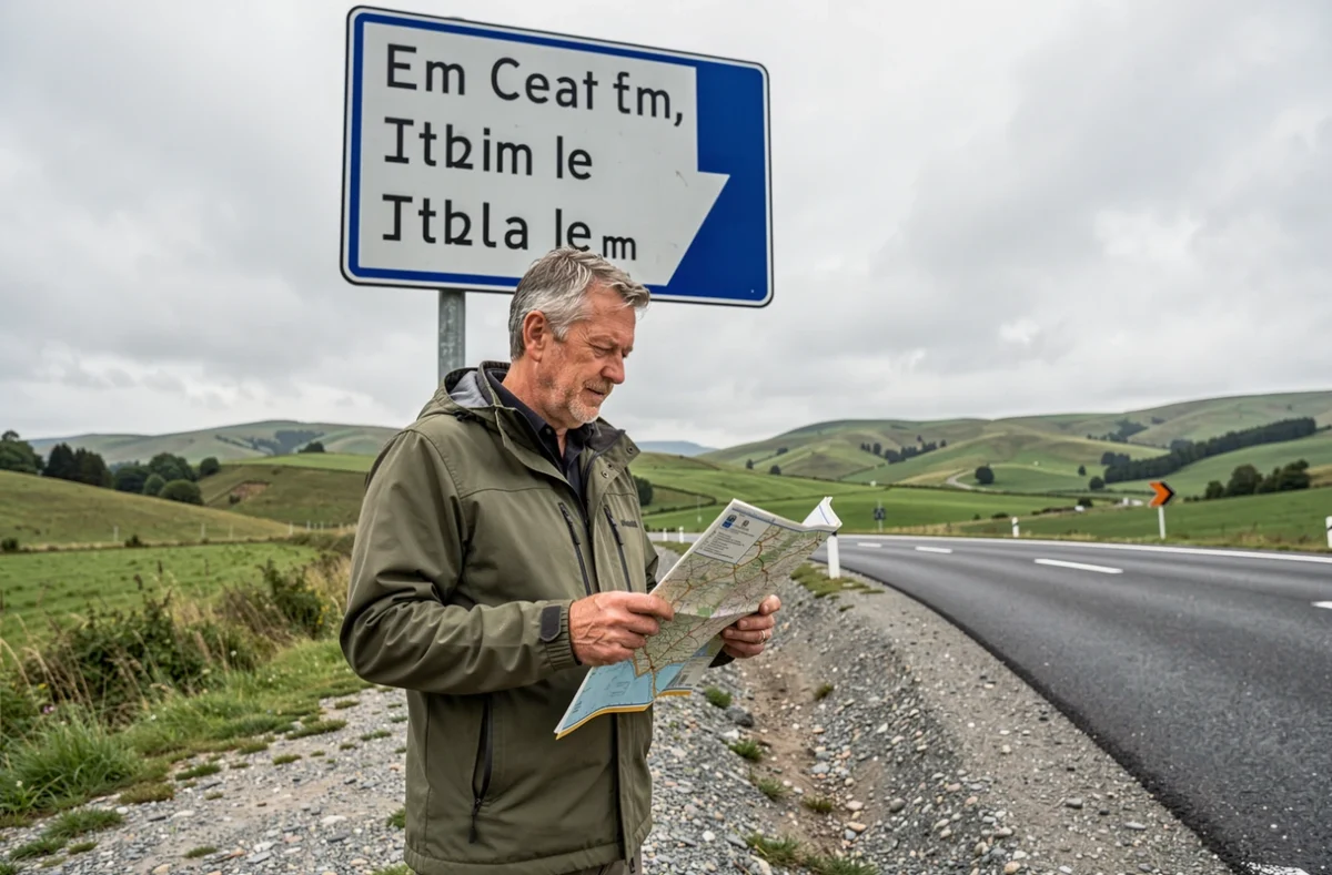 Homme consultant une carte face à un panneau routier européen affichant des distances en kilomètres