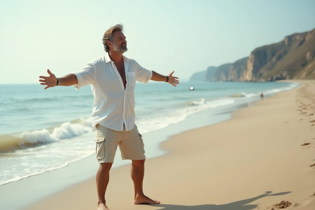 Homme détendu sur une plage les bras ouverts profitant de ses vacances, image illustrant le conseil profite bien de tes vacances