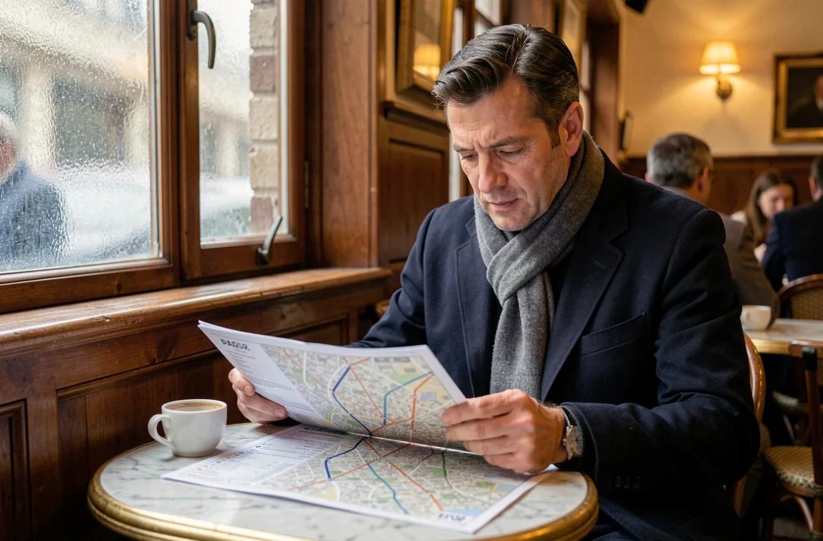 Homme étudiant un plan PDF du réseau RER parisien dans un café
