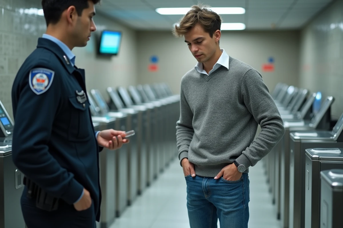 Jeune homme vidant ses poches devant un détecteur de sécurité