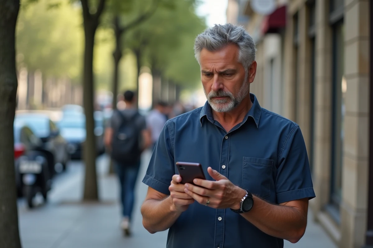 Homme dans la rue consultant son téléphone avec méfiance face à un appel entrant de l'indicatif 34