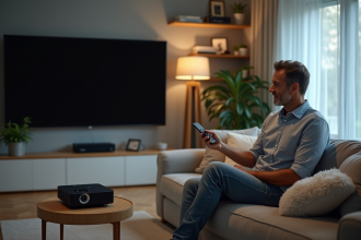 Homme d'âge moyen utilisant un projecteur dans un salon moderne