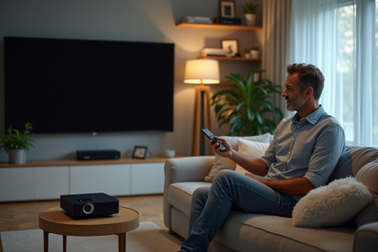 Homme d'âge moyen utilisant un projecteur dans un salon moderne