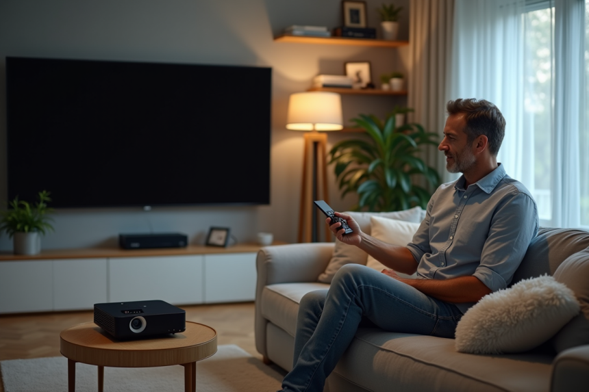Homme d'âge moyen utilisant un projecteur dans un salon moderne
