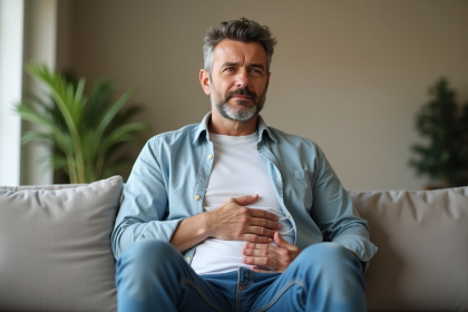 Homme d'âge moyen assis dans un salon moderne et lumineux