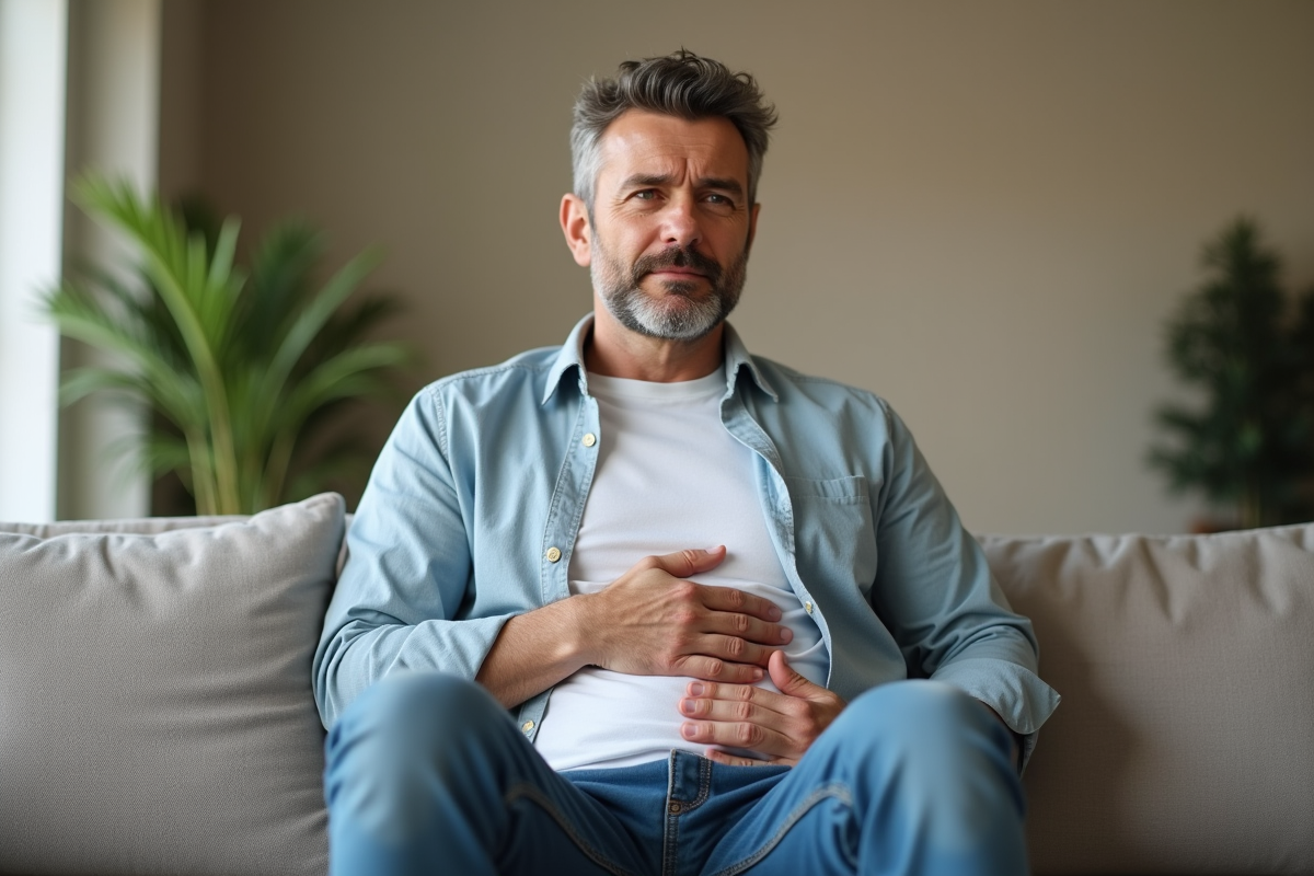 Homme d'âge moyen assis dans un salon moderne et lumineux