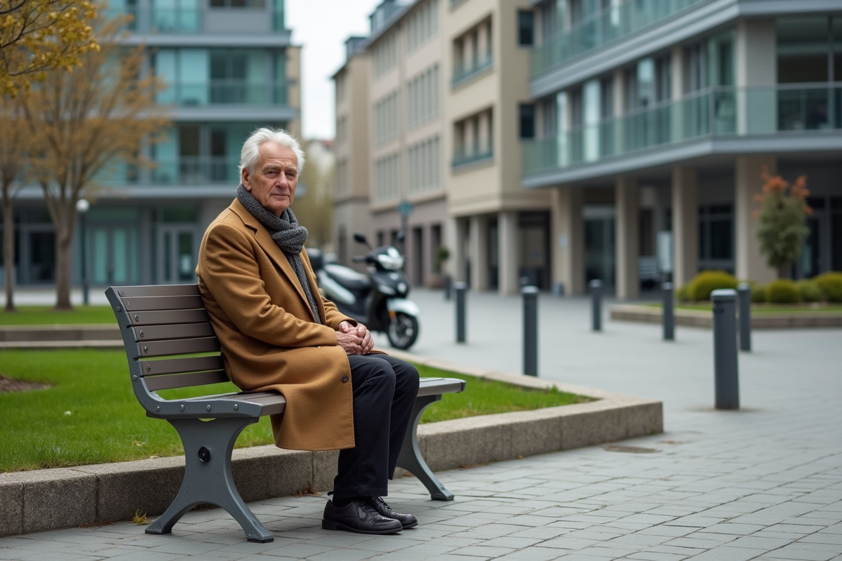 Homme âgé assis dans un square urbain calme