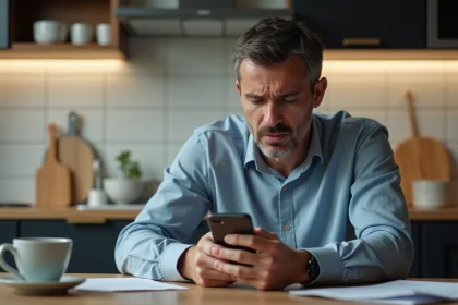 Homme d'&acirc;ge moyen avec smartphone dans la cuisine