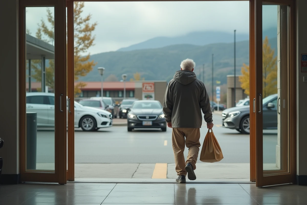 Homme sortant du supermarche avec ses courses en sac écologique
