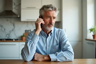 Homme au téléphone portable dans une cuisine, l'air perplexe en consultant le numéro surtaxé 118 712