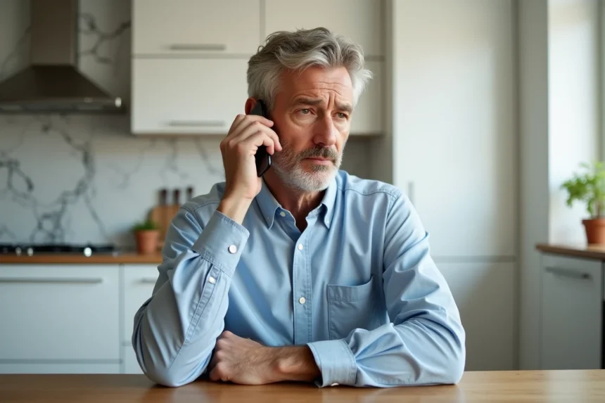 Homme au téléphone portable dans une cuisine, l'air perplexe en consultant le numéro surtaxé 118 712