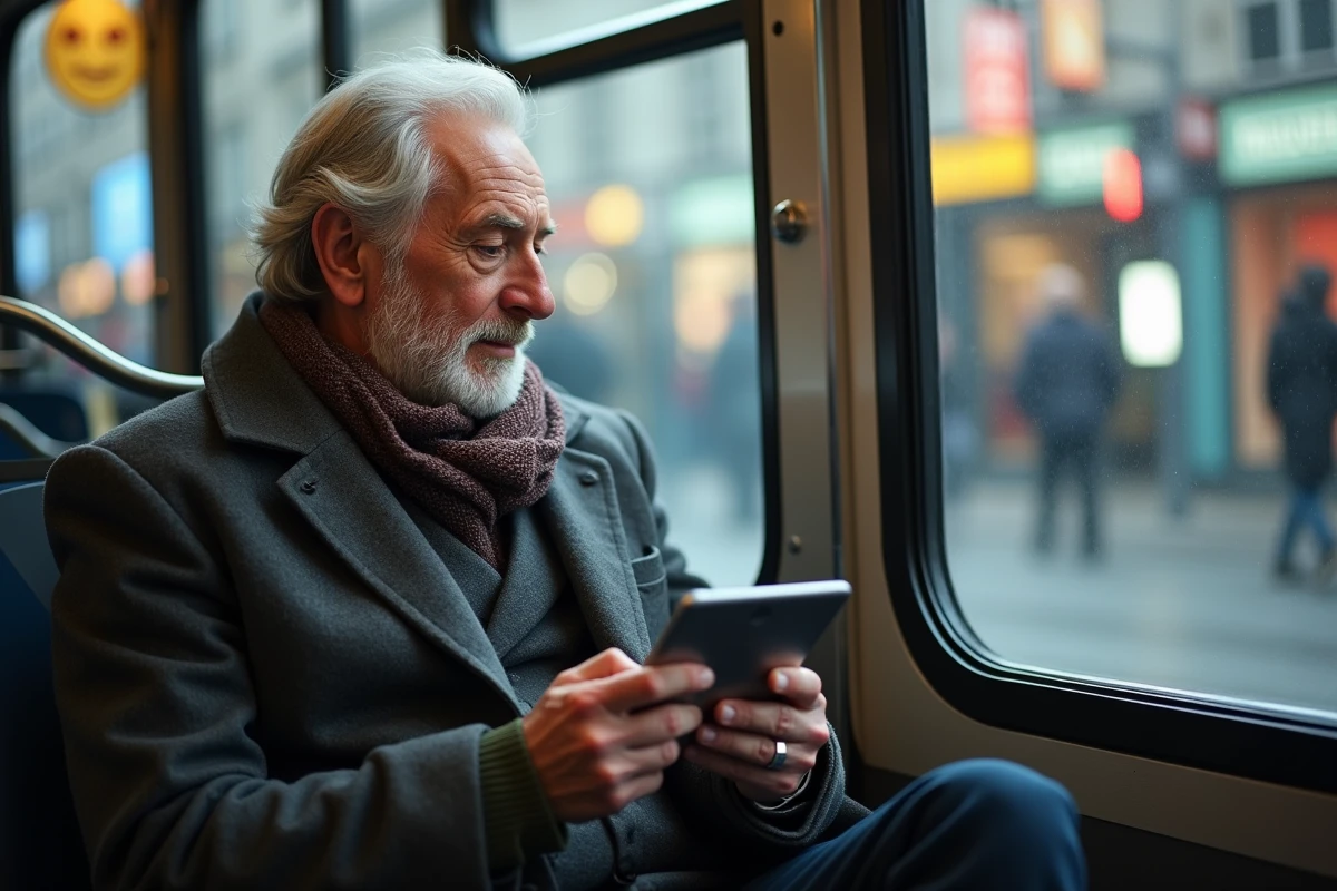 Homme âgé vérifiant le planning dans un tram à Grenoble