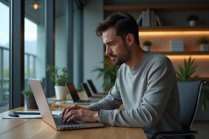 Homme d'âge moyen travaillant sur un ordinateur dans un bureau moderne