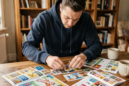 Homme adulte triant des cartes de jeu Monopoly Tycoon Club sur une table en bois dans un salon cosy