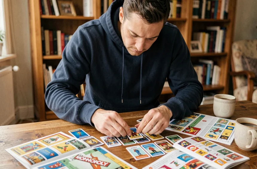 Homme adulte triant des cartes de jeu Monopoly Tycoon Club sur une table en bois dans un salon cosy