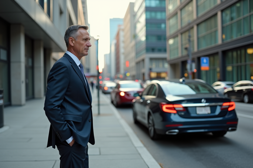 Homme d affaires devant une voiture avec émission de gaz