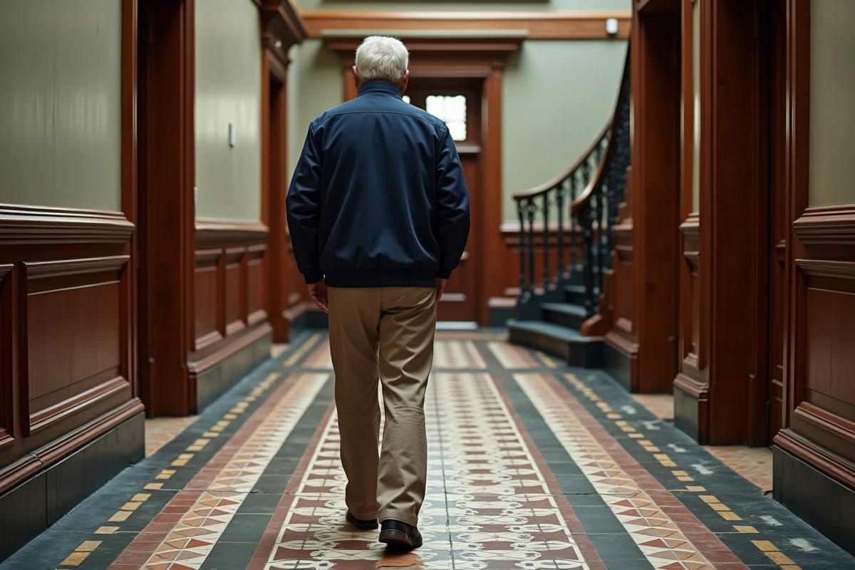 Homme admire un sol en carreaux vintage dans un hall