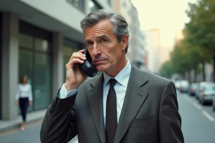 Homme d'&acirc;ge moyen avec t&eacute;l&eacute;phone vintage des ann&eacute;es 80