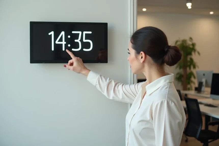 Femme dans un bureau moderne pointant une horloge numérique affichant l'heure en format 24 heures
