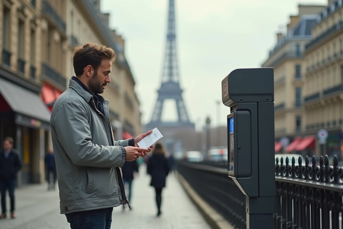 Homme payant son stationnement à un horodateur sur le trottoir face à la Tour Montparnasse