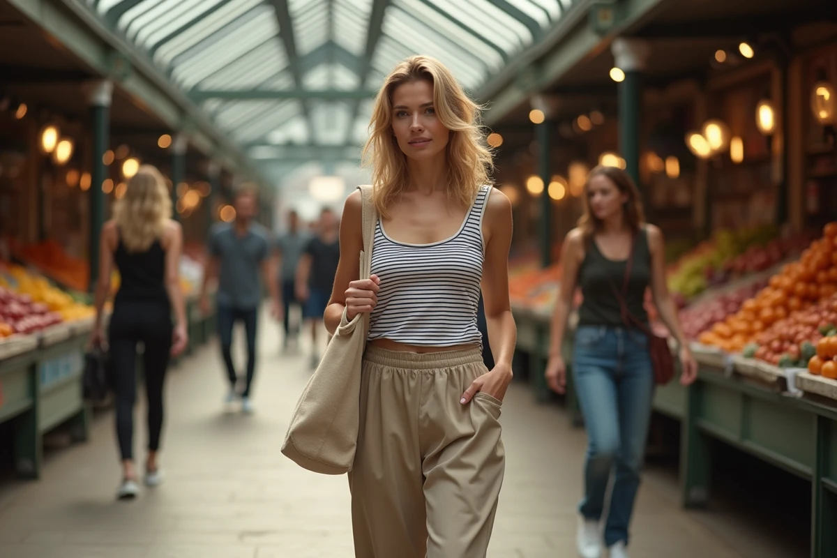 Femme humoriste blonde souriante traversant un marché couvert parisien animé, tote bag à l'épaule, dans une ambiance urbaine authentique