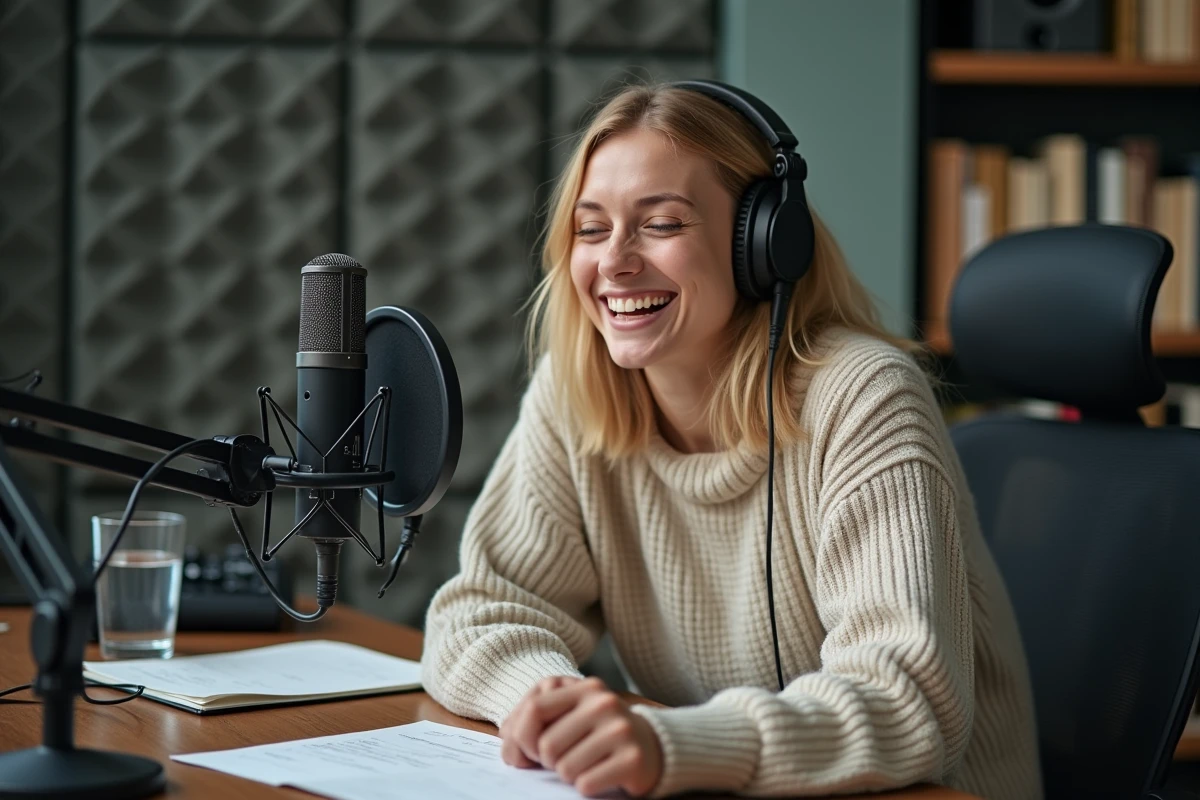 Humoriste française blonde en studio de podcast, penchée vers un micro professionnel, riant naturellement lors d'un enregistrement