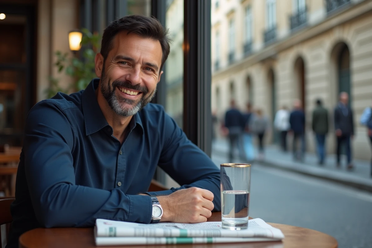 Humoriste français souriant attablé dans un café parisien avec un journal
