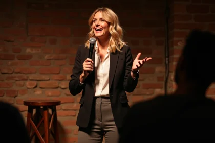 Humoriste française blonde sur scène dans un petit club de comédie parisien, gesticulant avec un micro lors d'un spectacle de stand-up