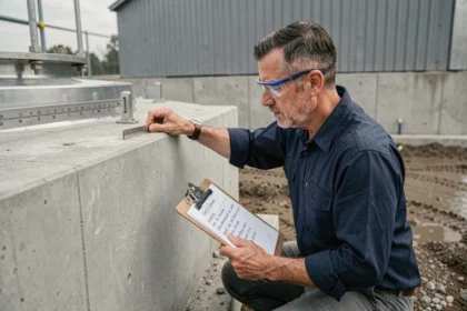 Ingénieur mesurant la capacité d'une cuve industrielle en mètres cubes sur un chantier de construction