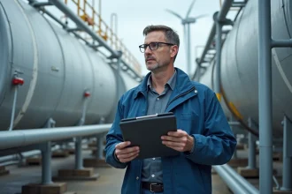 Ingénieur homme examinant une cuve à hydrogène en extérieur