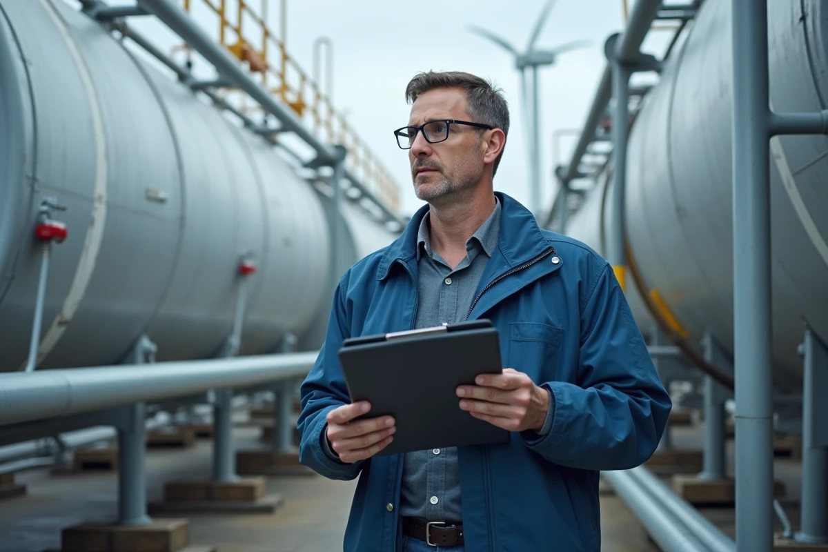 Ingénieur homme examinant une cuve à hydrogène en extérieur