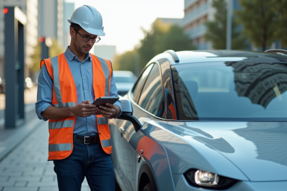 Ingénieur homme avec voiture électrique futuriste en ville