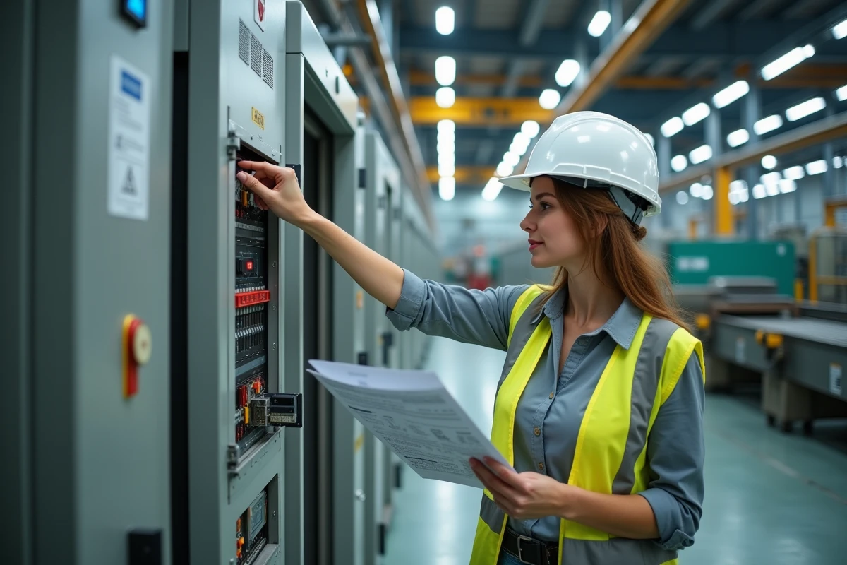 Ingénieure électrique devant un tableau de contrôle avec variateur de fréquence pour moteur industriel